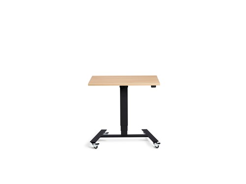 Black Flex Mobile Sit Stand Desk with an oak top