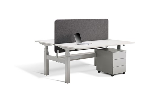 Duo Two-Person Sit Stand Desks with a dividing screen