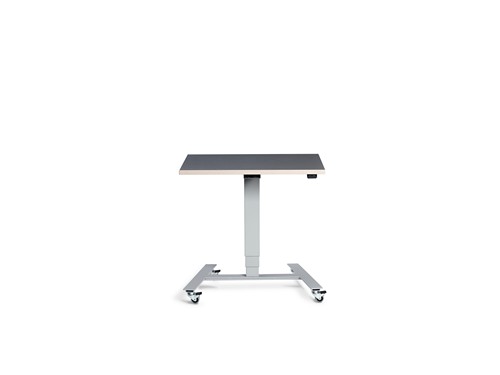 Silver Flex Mobile Sit Stand Desk with a graphite ply edge top