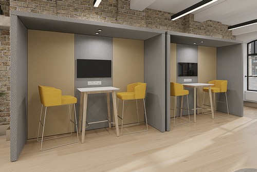 Hyde meeting pod, high meeting table, Natta stools