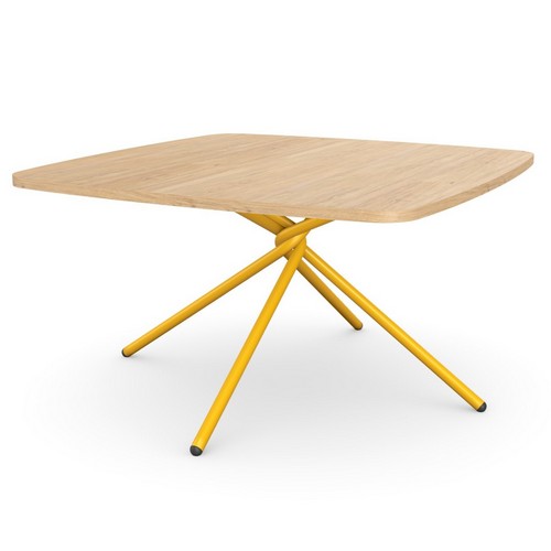 A Twyst coffee table in oak, with a yellow base 