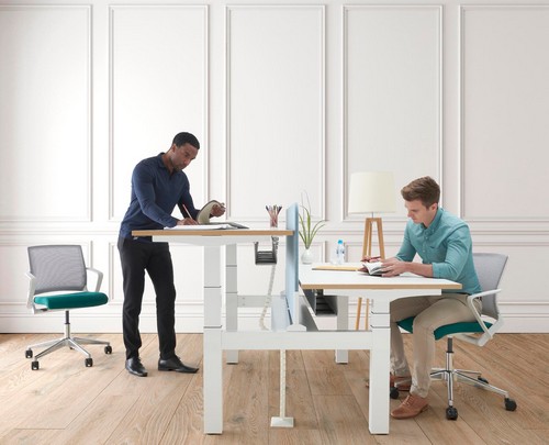 2 men at sit-stand desks