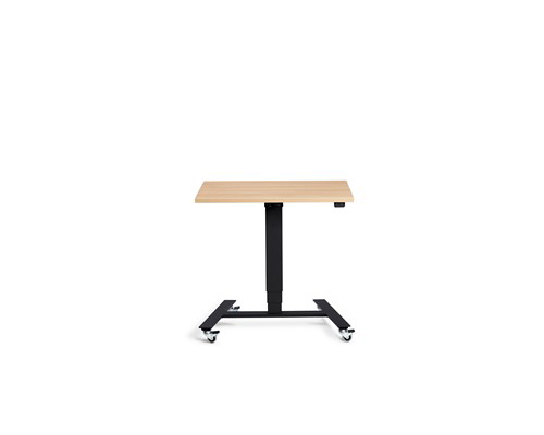 Black Flex Mobile Sit-Stand Desk with an oak top