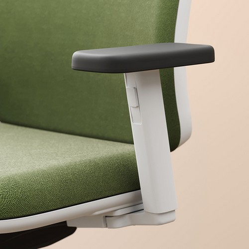 Height adjustable arm on a chair | green upholstery | white frame