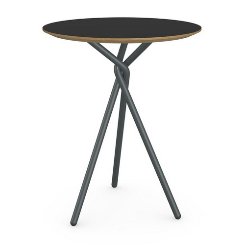 A Twyst side table in black laminate, with a dark grey base 