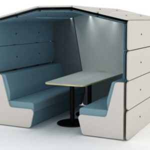 Modern white office pod with light blue upholstered seating a small table and built-in lighting.