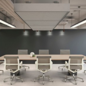 Lismark modern boardroom with a long wooden table, multiple light grey mesh back office chairs, and contemporary ceiling lighting against a dark grey accent wall.